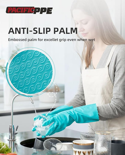 PACIFIC PPE 2 Pairs Reusable Dishwashing Cleaning Gloves with Latex Free, Cotton Lining, Kitchen Gloves, Green, Large