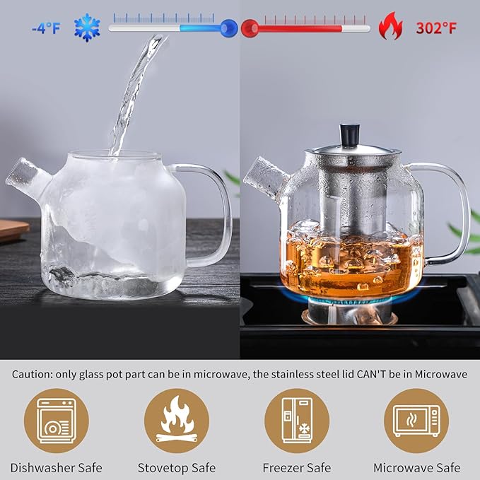 50OZ Glass Teapot With Infuser, Tea Pot for Stove Top, 1500ML Glass Tea Cup With Infuser and Lid, Microwave and Dishwasher Safe