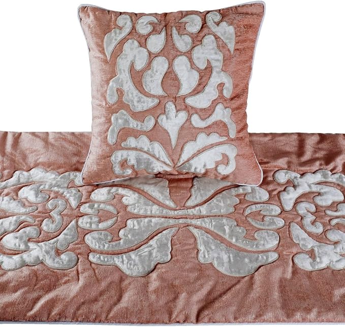 The HomeCentric Luxury Peach & Ivory Twin 53 x 18 inch Bed Runner Without Pillow Cover, Velvet Applique Bed Scarf, Abstract Modern - Peach Elegance