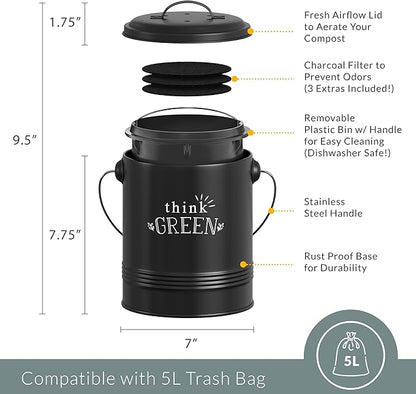 Barnyard Designs Compost Bin for Kitchen Counter - 1.2 Gallon Countertop Composter with Extra Smell-Absorbing Filters and Inner Bucket for Easy Cleaning - Food Waste Bin for Kitchen with Lid (Black)