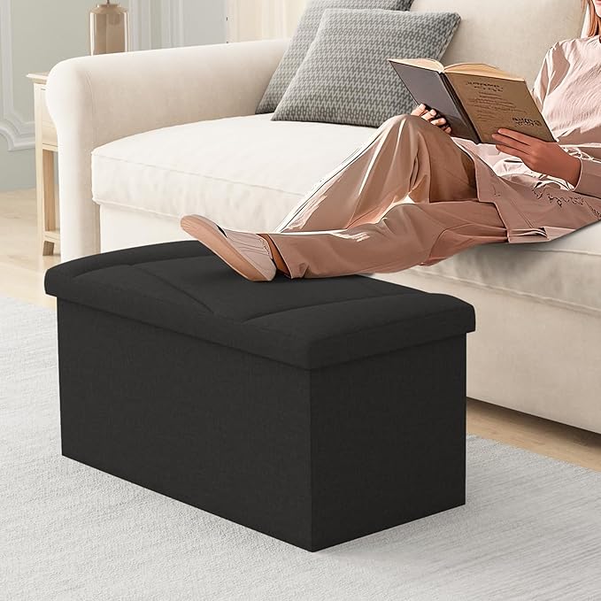Folding Storage Ottoman Bench, 30 Inches Storage Chest, End of Bed Bench,Folding Ottoman for Bedroom, Entryway and Living Room, 30"x15"x15",Black