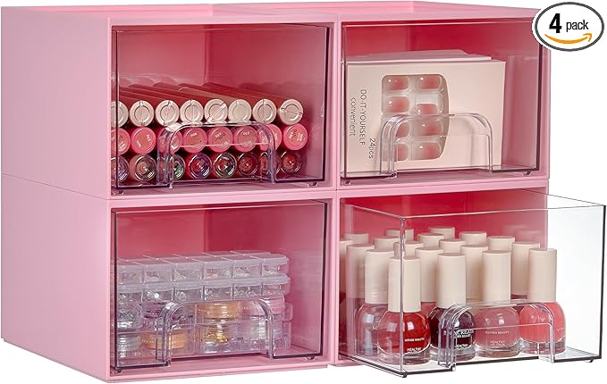Vtopmart 4Pack Small Stackable Storage Drawers, Bathroom Makeup Organizer,Plastic Storage Bins For Vanity, Undersink, Kitchen Cabinet, Pantry, Home Organization(Pink)