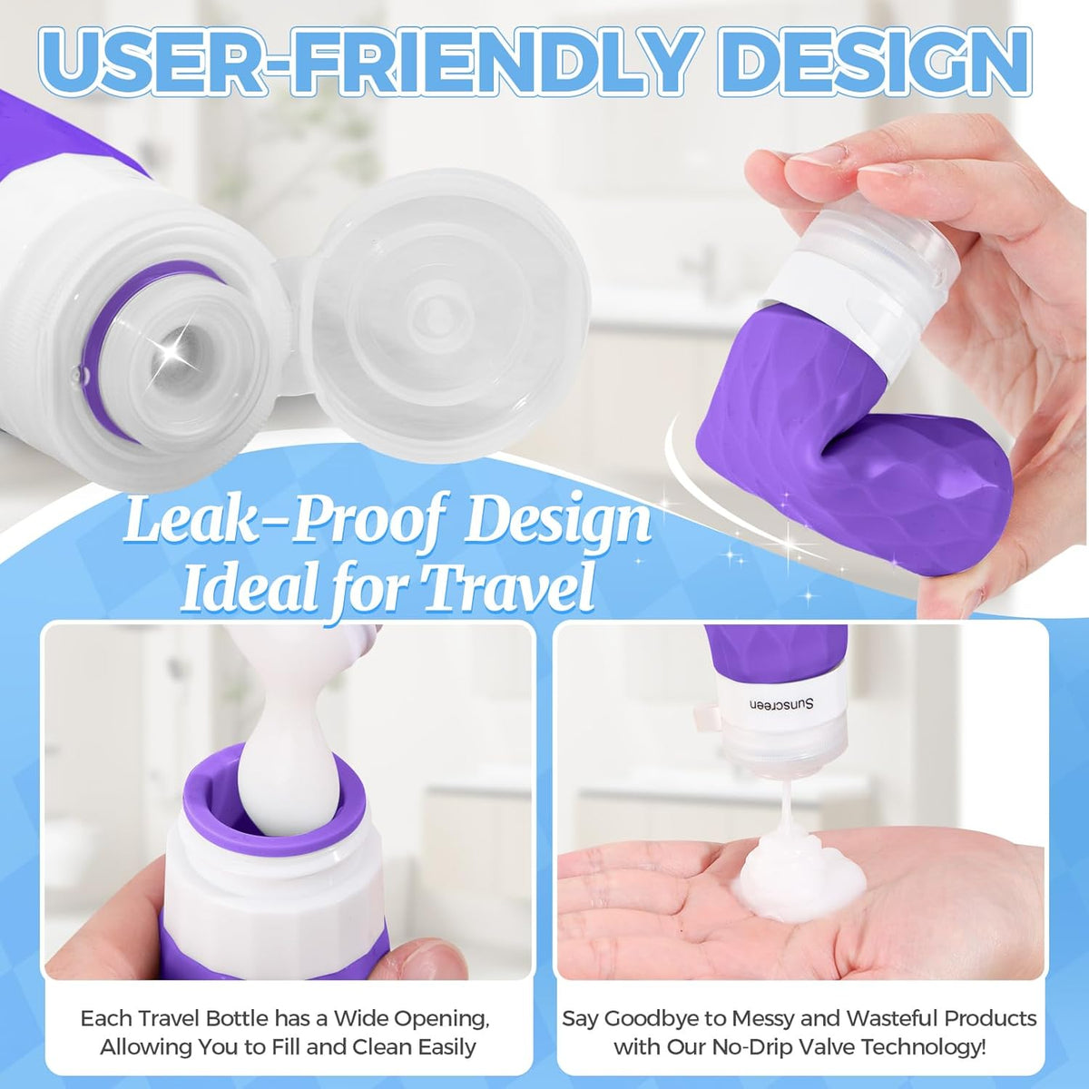 16Pack Travel Bottles for Toiletries, TSA Approved Travel Size Toiletries Containers Set, Silicone Leak Proof Refillable Bottles Elastic Sleeves Creams Jars Accessories Kit W/Clear Bag (Purple)