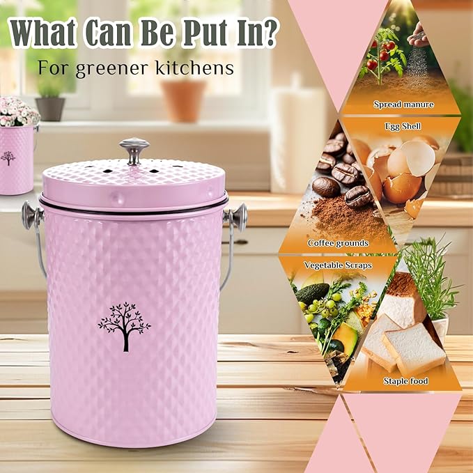 AOSION Countertop Compost Bin Kitchen，Odorless Indoor Compost Bin with Lid and Compost Bags,Compost Bucket Composter Container for Food Waste,Pink