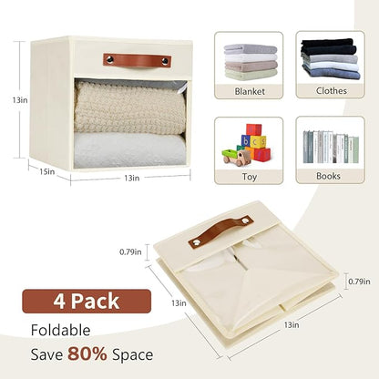 HNZIGE Fabirc Storage Cubes Bin 13x15x13 Clear Storage Cube, 4 Pack Foldable Cloth Cubby Storage Bins for Cube Organizer Closet Cabinet, Large Fabric Storage Bins for Shelves Organizer Bins- Cream