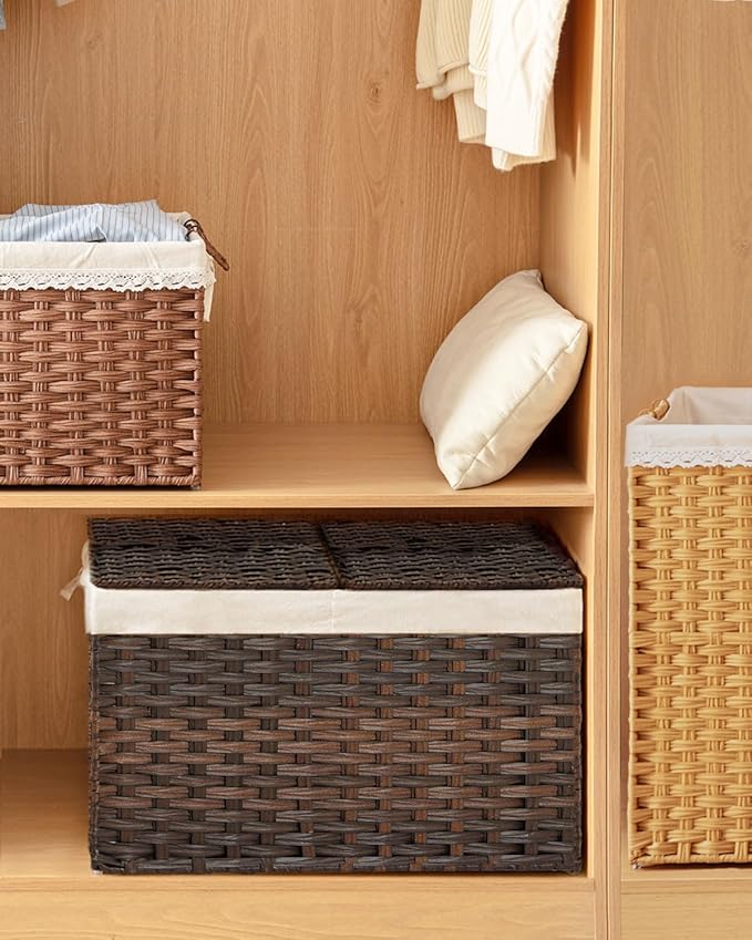 Storage Basket with Lid Wicker Baskets for Storage with 2 Separate Lid 42.3 Gallon (160 L) 29.9 x 17.3 x 18.1 Inches Rattan Woven Large Wicker Basket with 2 Liners for Bedroom Laundry Brown