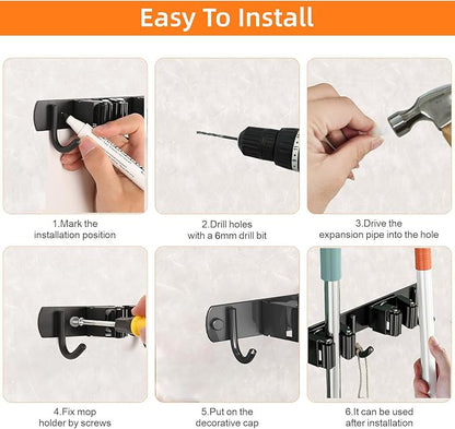 Mop and Broom Holder Wall Mount, Upgraded Broom Organizer Wall Mount, Stainless Steel Broom Hanger Wall Mount for Kitchen Garden Laundry Room Decor (3 Racks with 4 Hooks Black)