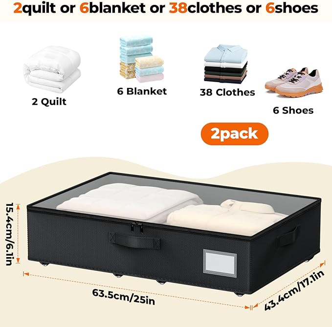 Underbed Storage with Wheels, 2 Pack Under Bed Storage Containers with Clear Lids No Assembly Required, 6.1 inch Rolling Under Bed Storage for Clothes, Shoes