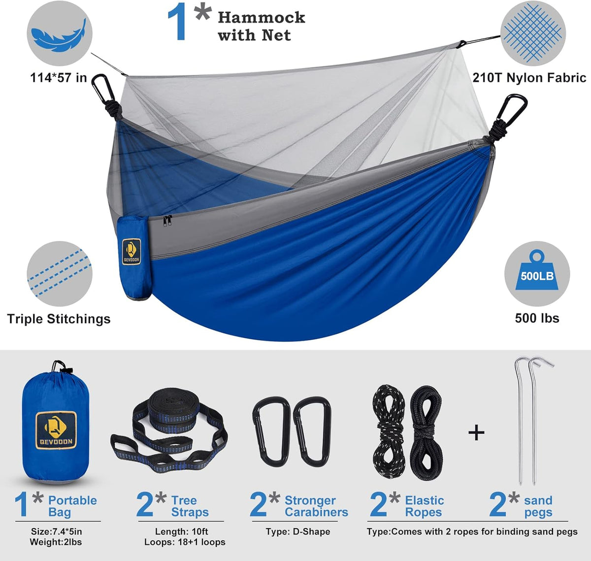 Camping Hammock with Net,Travel Portable Lightweight Hammocks with Tree Straps and Solid D-Shape Carabiners,Parachute Nylon Hammock for Outsides Backpacking Beach Backyard Patio Hiking Blue & Grey