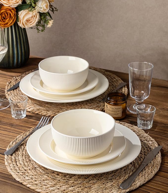Ceramic Dinnerware Set for 6, 18-Piece Plates and Bowls Set | Lightweight