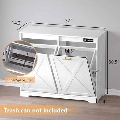 Tilt Out Trash Can Cabinet for 2 Bins, Hidden Recycle Garbage Bin Enclosure, Wooden Double Laundry Cabinet with Odor Control, Negative Ion & Ozone, for Kitchen, Bathroom, Laundry Room