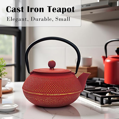30.4oz Small Cast Iron Teapot, Tea Kettle for Stovetop Safe Coated with Enameled Interior, Red Japanese Tetsubin, Tea Pot with Stainless Steel Infuser for Loose Tea(900ml)