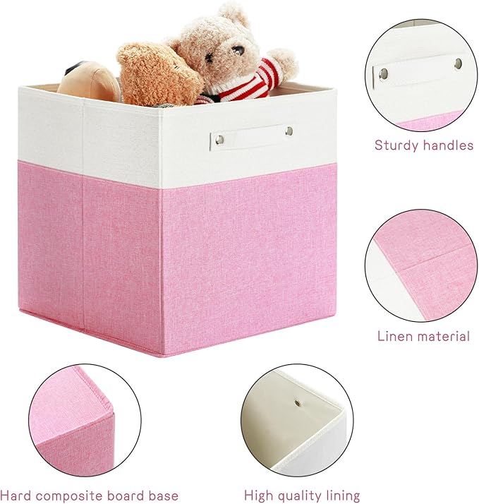 13 x 13 Inch Fine Linen Storage Bins with Handles，Fabric Cube Boxs，Collapsible Basket Organizers for Shelves for Home, Closet Drawers (White/Pink-4 Pack)