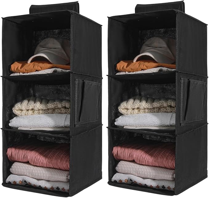 2 Packs Hanging Closet Organizer Stroage, 3-Shelf Hanging Shelves with Bamboo Inserts & Side Pocket, Black