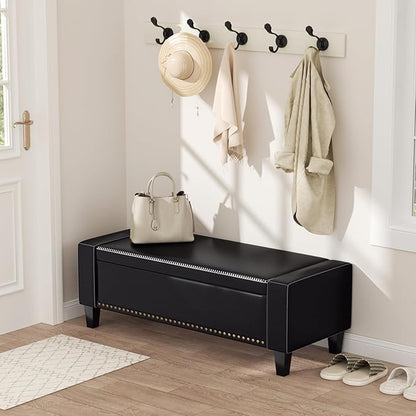 48.8" Storage Ottoman Bench Black | Faux Leather Bedroom Bench with Lift Top for Living Room & Bed End