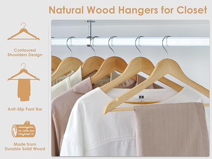 StorageWorks Wooden Hangers 30 Pack, Wood Coat Hanger for Coats, Shirts, Jackets, Pants, Suits, Natural Wood Color