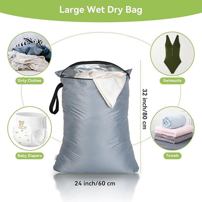 OTraki 2Pcs Exlarge Wet Bag 24x32 inch Reusable Waterproof Wet Dry Bag with Zipper Handle Wet Clothes Blanket Bedding Coat Sweater Machine Washable Laundry Bag for Travel Hotel Camping, Black & Grey
