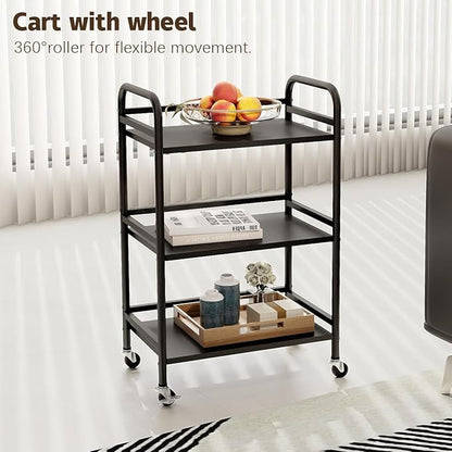 HDANI 3 Tier Rolling Cart Shelves,Heavy Duty Multifunctional Metal Frame-Supports 22 Lbs Per Tier,Rolling Cart with 2 Lockable Wheels for Home,Office,Kitchen,Bathroom,Bedroom (Black)…