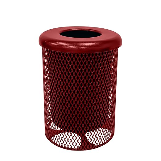 COATEDOUTDOORFURNITURE RFT-TXTBUR Heavy Duty 32 Gallon Round Trash Receptacle, Liner Included, Textured Burgundy with Flat Top, Made in America