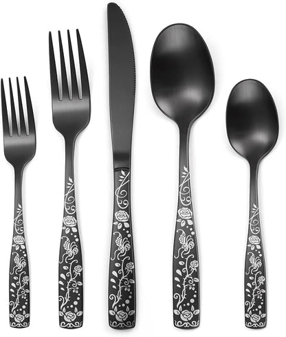 Matte Black Rose Flower Pattern Silverware Set