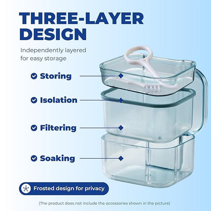 Retainer Case Denture Bath Case,Retainer Cleaner Case with Lid,Denture Cup for Partial Dentures,Mouth Guard&Braces,Denture Soaking Container Case for Travel (Blue)