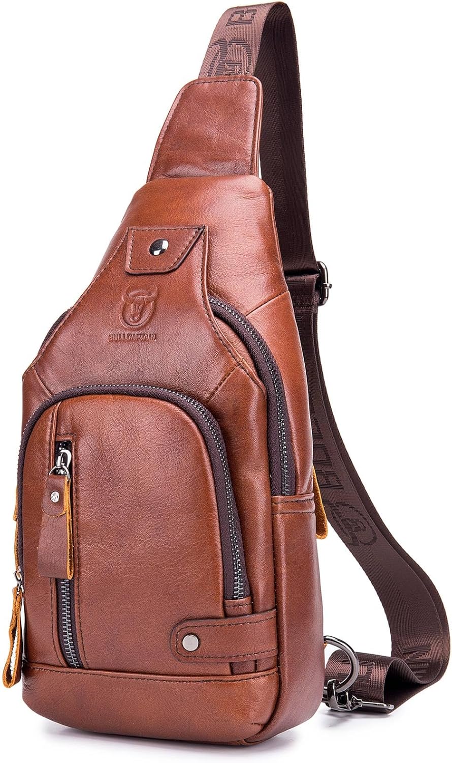BULLCAPTAIN Leather Sling Bag Mens Chest Bag Casual Shoulder Crossbody Bags Travel Hiking Backpacks Daypack with USB Charging Port (Brown)