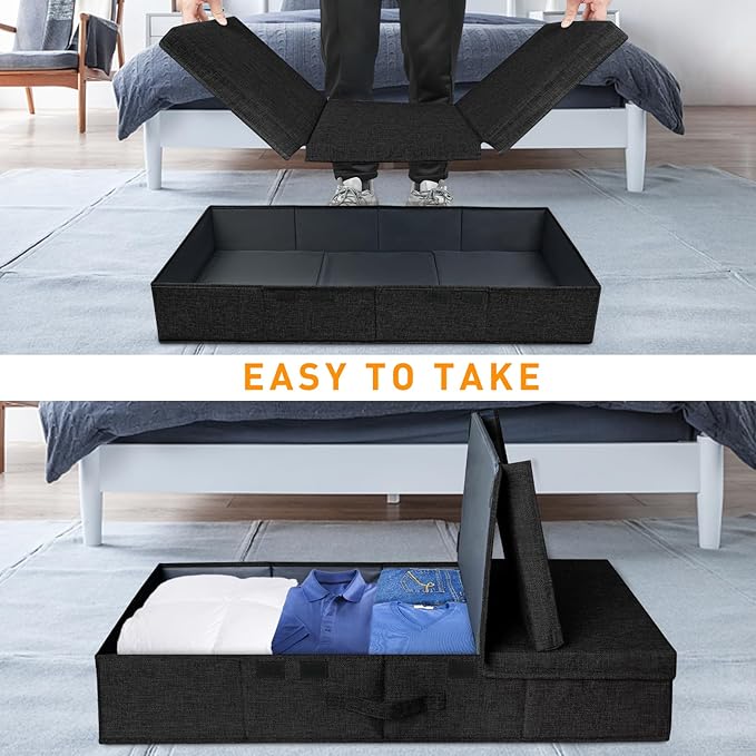 punemi Under Bed Storage Containers, Set of 2 Low Profile Under Crib Storage Bins With Lid, Large Sturdy Under Bed Clothes Drawer Organizers Box for Dorm Room Couch Closet Basement, Black