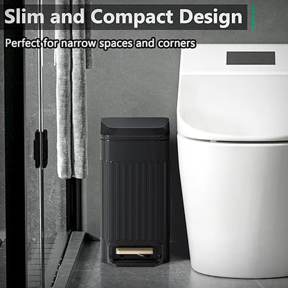 CEROELDA Small Bathroom Trash Can with Lid Soft Close-5L/1.3 Gal Slim Garbage Can-Metal Step Wastebasket-Rectangle Narrow Waste Bin for Office, Bedroom, Toilet, Live Room (Embossed-Black)