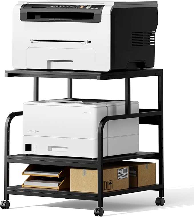 Printer Stand, 24''×24''×29'' Large Printer Table for Home Office with Locking Casters, Heavy Duty Sturdy 3-Tier Rolling Cart with Adjustable Shelf, Mini Fridge Stand, Home Office Essentials, Black