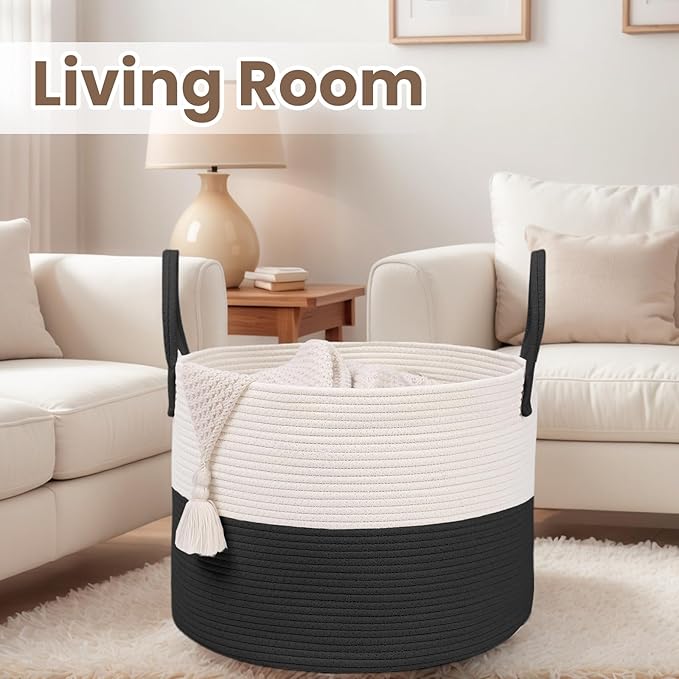 Woven Blanket Basket,115L Large Rope Storage Bin with Handles, Organizer for Blankets Toys Book and Clothes, Laundry Basket for Living Room Bedroom Nursery,White&Black