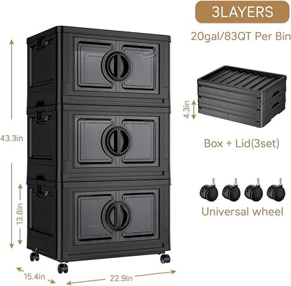 JEKO&JEKO 249Qt Lockable Stackable Storage Bins with Lids, Collapsible Closet Organizer with Wheels, Plastic Cabinet Drawer for Clothes, Dorm Room 3 Pack (Black)