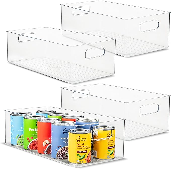 Plastic Food Storage 4 Pack Clear Container Bin with Handles for Organizing Kitchen, Pantry, Refrigerator, Freezer, Pantry, Cabinet, Closet, Bathroom. 16”x8”x5”