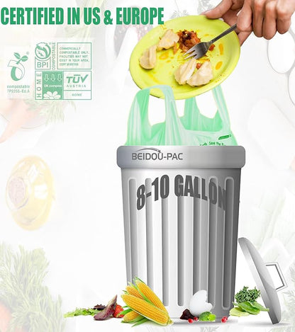 8-10 Gallon Compostable Trash Bags, 60 Count - Kitchen & Food Scrap Waste Bags, Sturdy & Biodegradable, ASTM D6400, US BPI Certified