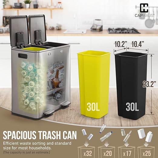 CAPHAUS Dual Trash Can with Double Lid, Trash and Recycle Bins Combo, Hands-Free Stainless-Steel Garbage Can for Kitchen, with 2 Compartment, Hinged Lid, Odor Filters, Handles, 30L+30L, 2 x 8 Gallon