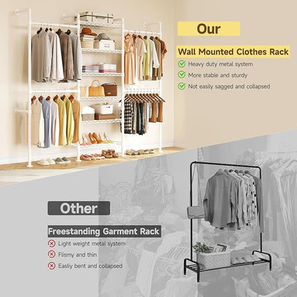ONBRILL H3 Wall Mounted Closet System, Expandable Industrial Pipe Clothes Rack Clothing Rack for Hanging Clothes, Heavy Duty Closet Organizers and Storage in Wardrobe Closet, White