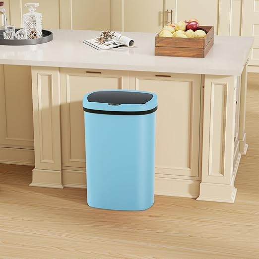 Automatic Motion Sensor Bathroom Trash Can with Lid, 13 Gallon Touchless Trash Bin, Smart Dog Proof Garbage Can, Touch Free Waste Basket for Toilet, Office, Bedroom,Blue