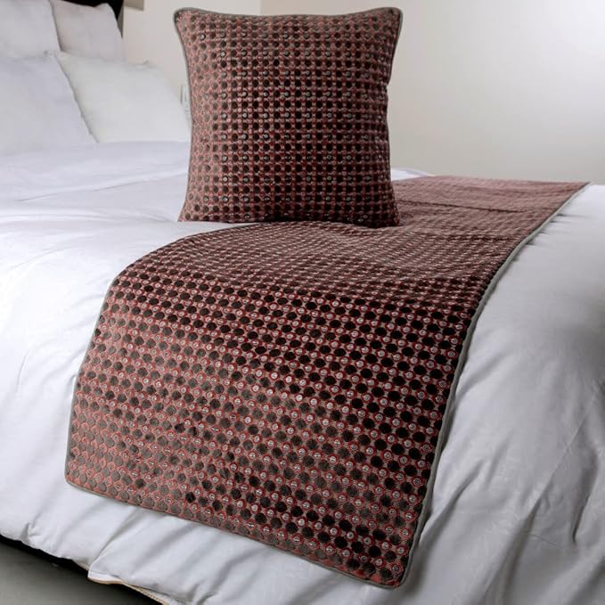 The HomeCentric Grey Bed Runner, King Size 90"x18" Decorative Bed Runner with Matching Pillow Cover, Peach & Grey Velvet Bed Scarf in Sequins Embroidery - Ditto Dots