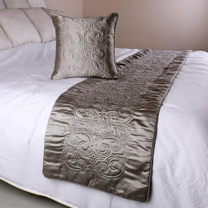 The HomeCentric Handmade Silver CA King 86 x 18 inch Bed Runner Without Pillow Cover, Satin Quilted Bed Scarf, Abstract Modern - Silver Soft