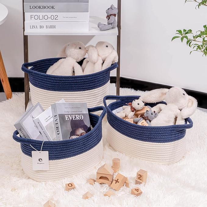 Medium and Large Woven Basket//With Handle, Used for Toys and Fabric Storage Basket used for Storing xl Storage Box, Decorative Storage Box Room 2pack (Blue, L13×W9×H7)