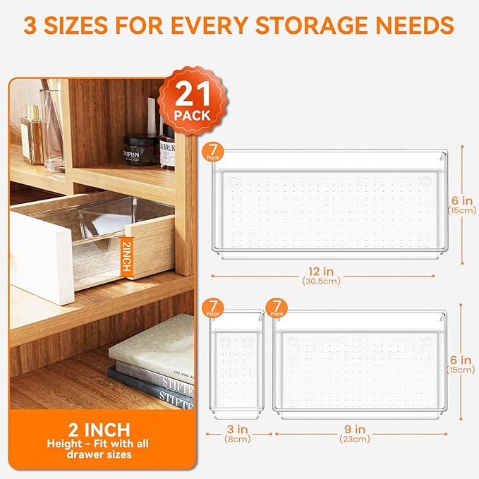 Criusia 21 Pack Large Clear Plastic Drawer Organizer Trays | BPA-Free Acrylic Organizer Bins for Large Kitchen Utensils, Bathroom, Makeup, Jewelries, Office Desk, School Supplies, Perfume