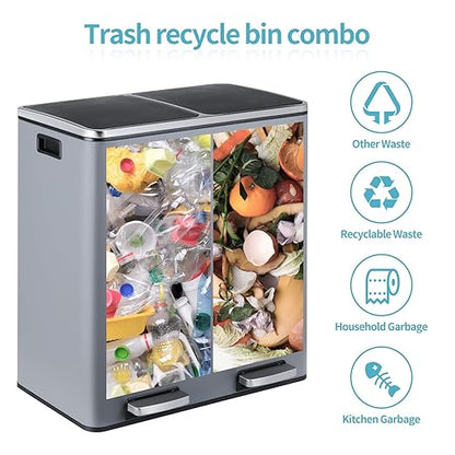 16 Gallon Rectangular Stainless Steel Trash Can, Dual Compartment Garbage Bin with Recycling Combo, Metal Dustbin Lid, Removable Liner, Indoor Hands Free Waste Bucket for Kitchen Home