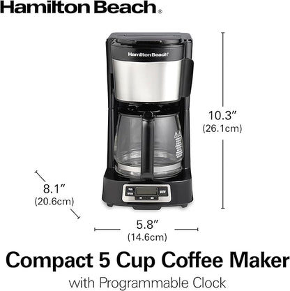 Hamilton Beach 5 Cup Drip Coffee Maker with Easy FrontFill Basket, Compact Design, Programmable Clock, Glass Carafe, Auto Pause and Pour, Black & Stainless Steel (46111)