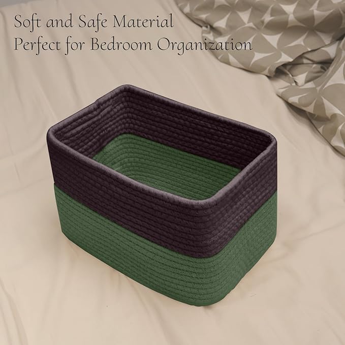 Hopegiver Woven Storage Baskets 11x8x7 Inch, 3 Pack Collapsible Cube Storage Bin for Shelves - Foldable Cotton Rope Organizer Bins for Towels, Toys, Books, Closet, Nursery (Brown Green)