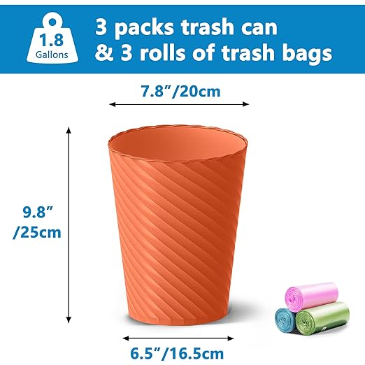 Bathroom Trash Can, 3 Pack 1.8 Gallons Small Trash Can with Trash Bags, Bathroom Garbage Can, Plastic Trash Bin, Round Waste Basket for Bedroom, Office, Kitchen, Compact Space (Orange)