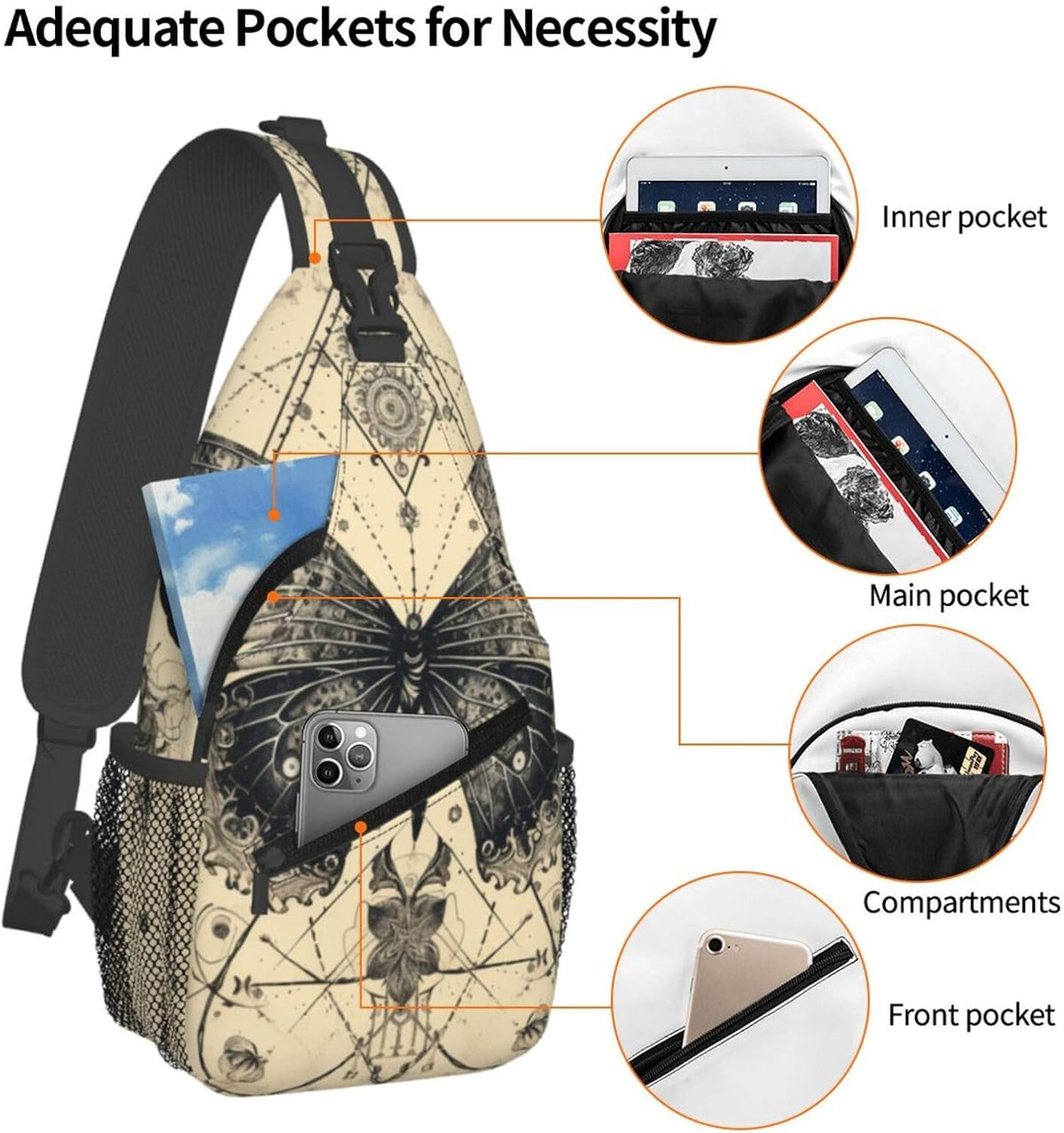 SUPLUCHOM Sling Bag Butterfly Goth Vintage Tarot Hiking Daypack Crossbody Shoulder Backpack Travel Chest Pack for Men Women