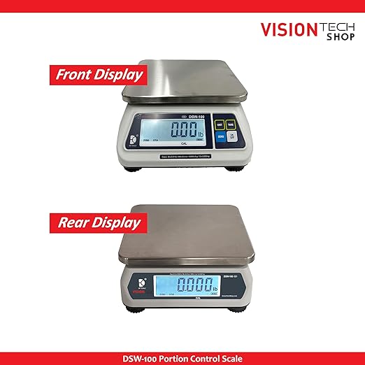 VisionTechShop DSW-100 Portion Food Scale with Dual LCD Display, Stainless Steel Platter, 60lb Capacity, 0.02lb Readability, Lb/Oz/Kg/g Switchable, Low Profile Design, NTEP Legal for Trade COC #22-007