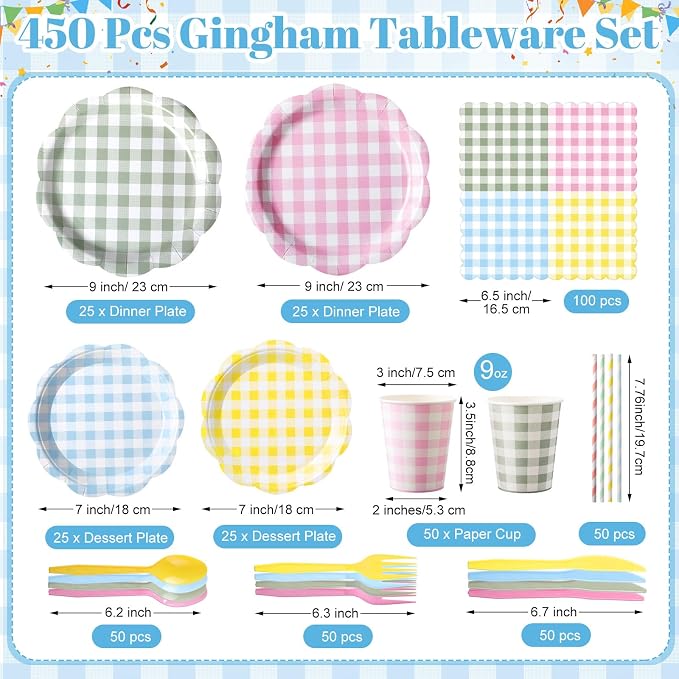 450 Pcs Gingham Tableware Set Decorations, Serves 50 | Pastel Plaid Paper