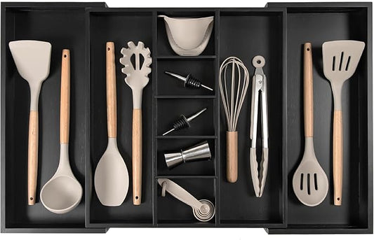 KitchenEdge Adjustable Kitchen Drawer Organizer for Utensils and Junk, Food-Safe Contract Grade with 100% Sustainable Wood, Expandable from 16 to 28 Inches Wide - Black Bamboo