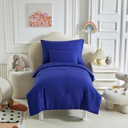 Toddler Bedding Set - 5 Piece Soft and Breathable Toddler Bed Set for Boys and Girls, Includes Quilted Comforter, Fitted Sheet, Flat Top Sheet, Standard Pillowcase and Toddler Pillowcase, Navy