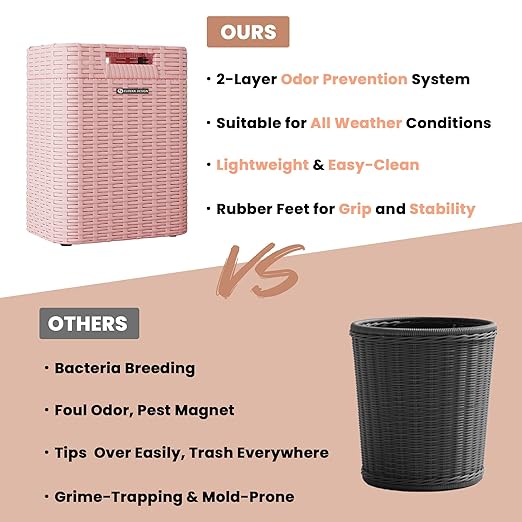 Ypati Handwoven 4 Gallon Rattan Trash Can with Lid, Boho Style Decorative Indoor and Outdoor Trash Bin with Shelf, Waste Basket for Bathroom, Patio, Study, with Trash Bags, Macaron Pink, Eureka